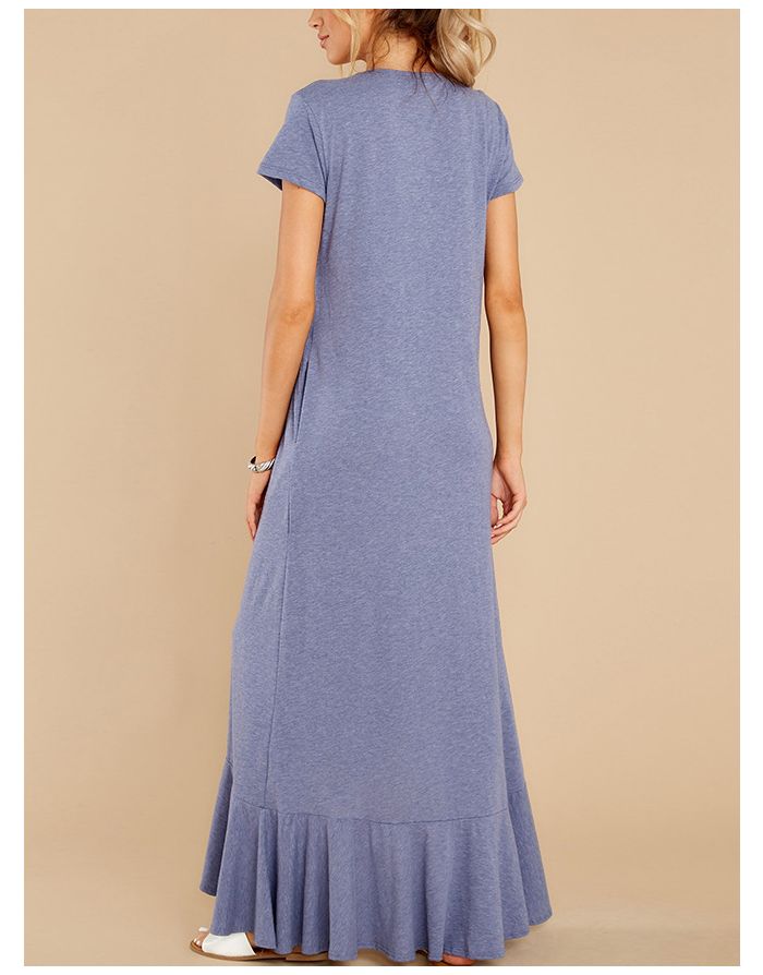 Women Plus Size Short Sleeve Round Neck Irregular Ruffled Maxi Split Loose Casual Summer Dress